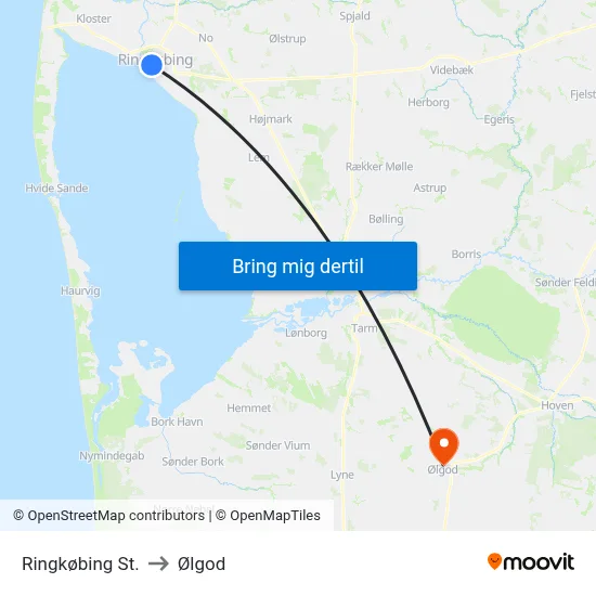 Ringkøbing St. to Ølgod map