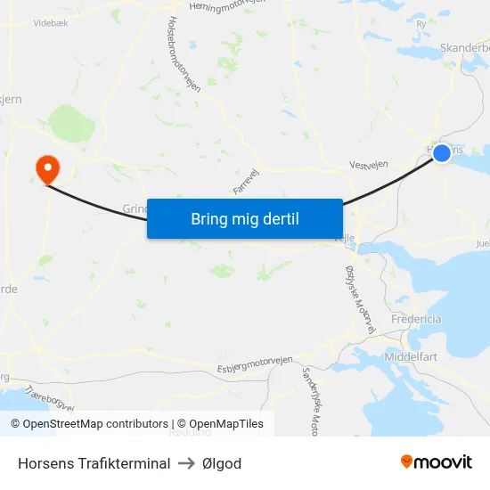 Horsens Trafikterminal to Ølgod map