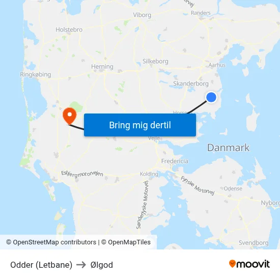 Odder (Letbane) to Ølgod map