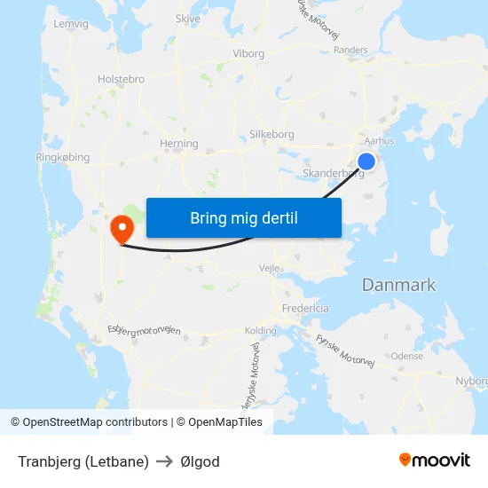 Tranbjerg (Letbane) to Ølgod map