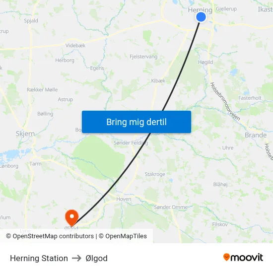 Herning Station to Ølgod map