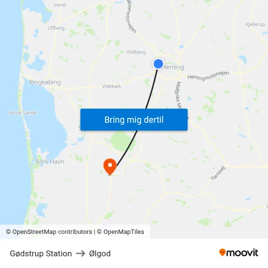 Gødstrup Station to Ølgod map