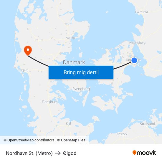 Nordhavn St. (Metro) to Ølgod map