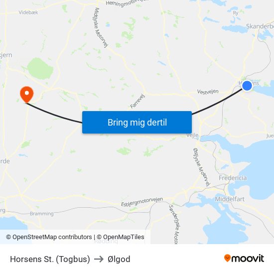 Horsens St. (Togbus) to Ølgod map