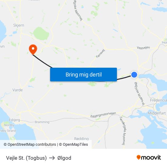 Vejle St. (Togbus) to Ølgod map