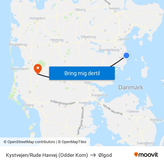 Kystvejen/Rude Havvej (Odder Kom) to Ølgod map