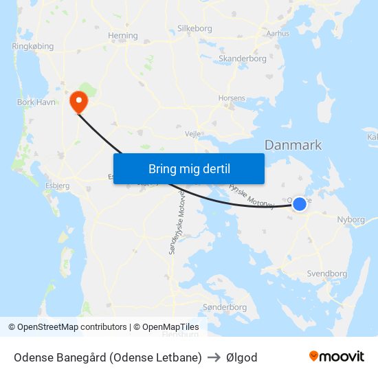 Odense Banegård (Odense Letbane) to Ølgod map