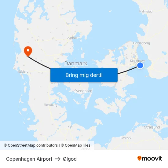 Copenhagen Airport to Ølgod map