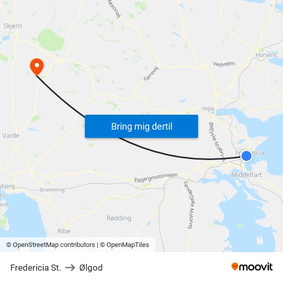 Fredericia St. to Ølgod map
