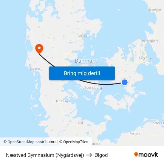 Næstved Gymnasium (Nygårdsvej) to Ølgod map