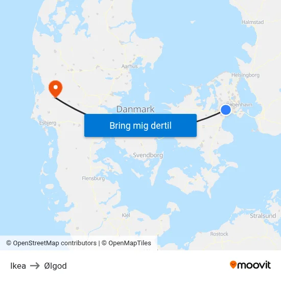 Ikea to Ølgod map