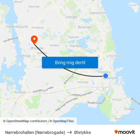 Nørrebrohallen (Nørrebrogade) to Ølstykke map