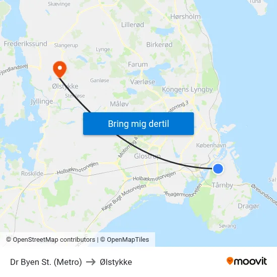 Dr Byen St. (Metro) to Ølstykke map