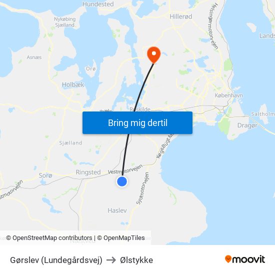 Gørslev (Lundegårdsvej) to Ølstykke map