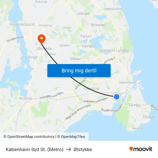 København Syd St. (Metro) to Ølstykke map