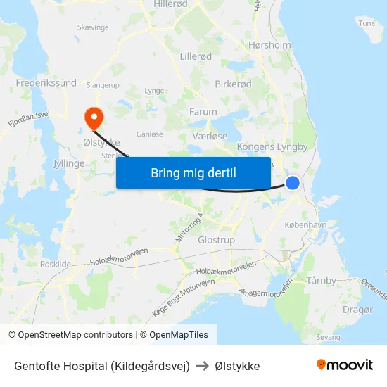 Gentofte Hospital (Kildegårdsvej) to Ølstykke map