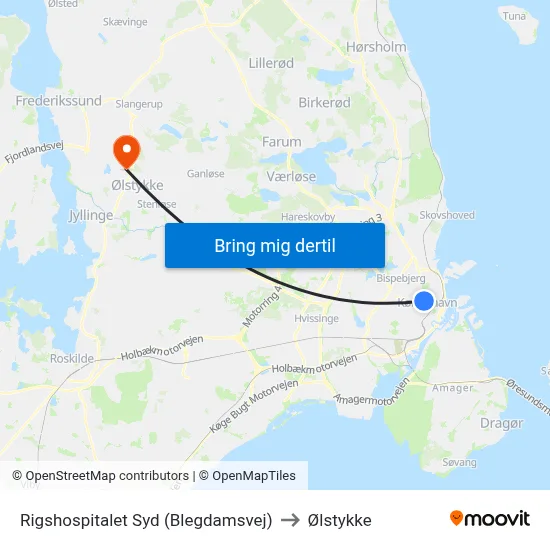 Rigshospitalet Syd (Blegdamsvej) to Ølstykke map