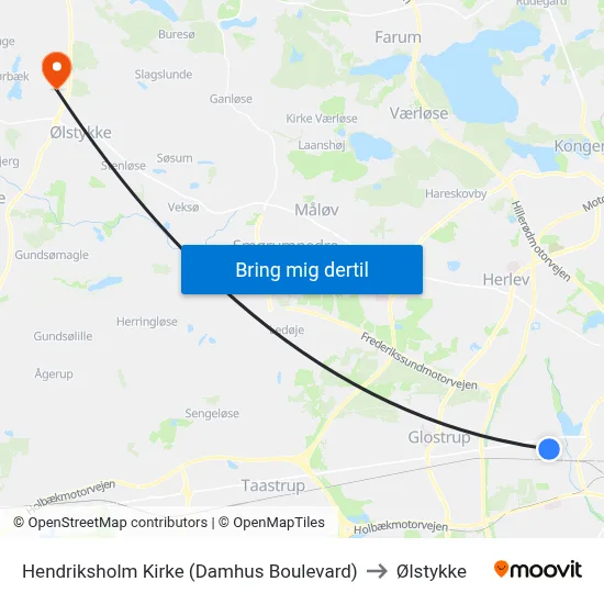 Hendriksholm Kirke (Damhus Boulevard) to Ølstykke map