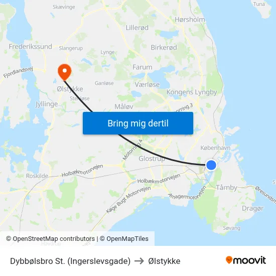 Dybbølsbro St. (Ingerslevsgade) to Ølstykke map