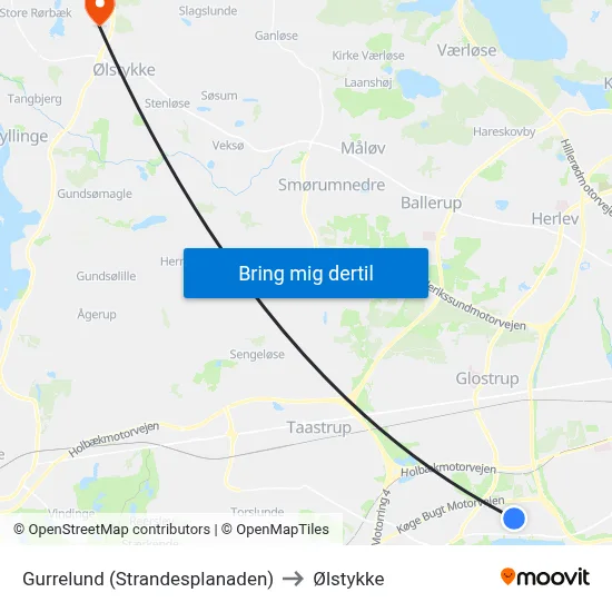 Gurrelund (Strandesplanaden) to Ølstykke map