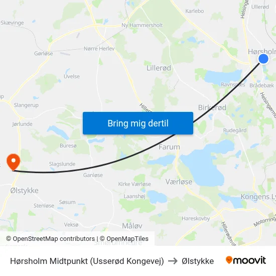 Hørsholm Midtpunkt (Usserød Kongevej) to Ølstykke map