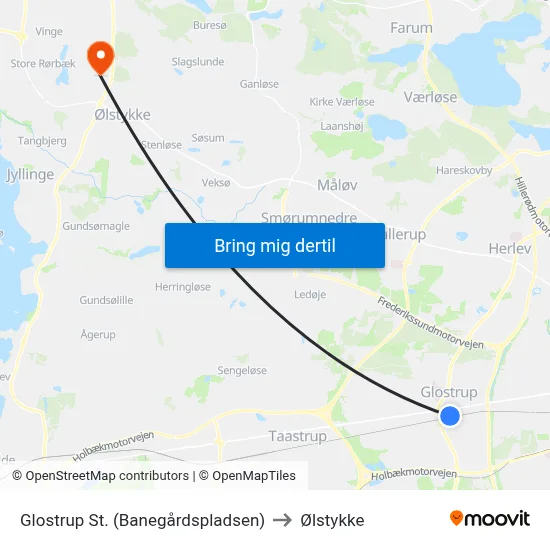 Glostrup St. (Banegårdspladsen) to Ølstykke map