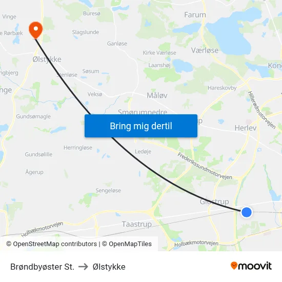 Brøndbyøster St. to Ølstykke map