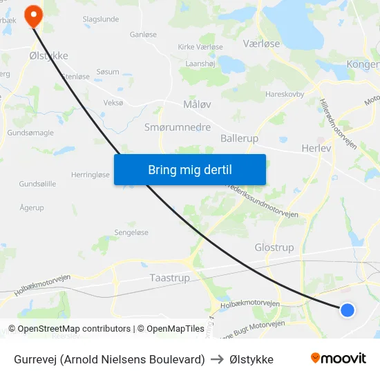 Gurrevej (Arnold Nielsens Boulevard) to Ølstykke map