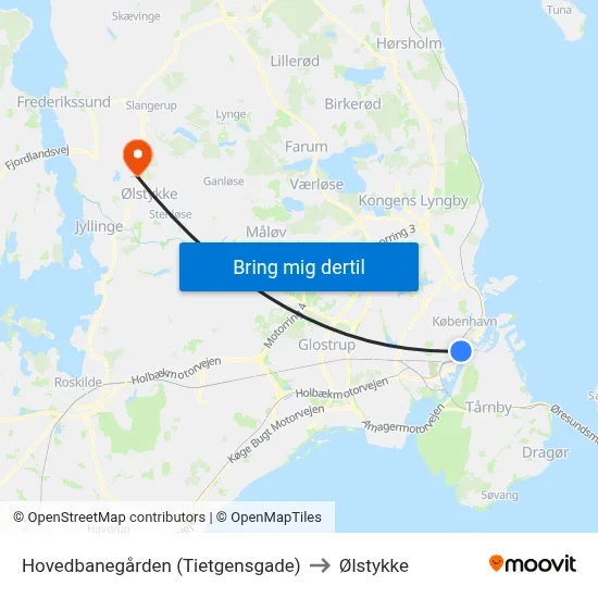 Hovedbanegården (Tietgensgade) to Ølstykke map