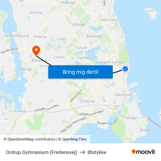 Ordrup Gymnasium (Fredensvej) to Ølstykke map