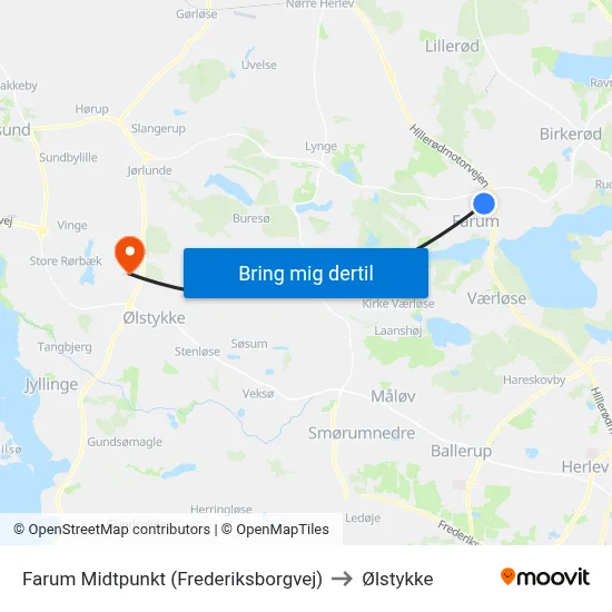 Farum Midtpunkt (Frederiksborgvej) to Ølstykke map