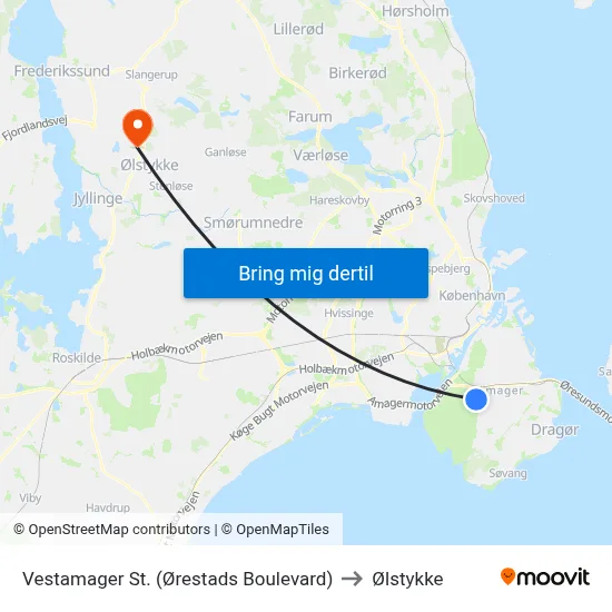 Vestamager St. (Ørestads Boulevard) to Ølstykke map