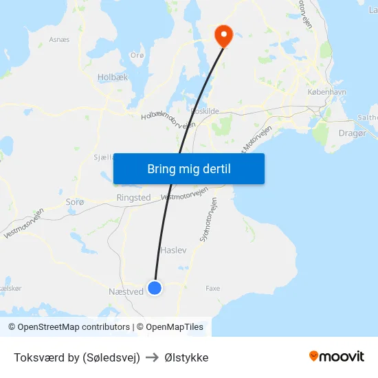 Toksværd by (Søledsvej) to Ølstykke map