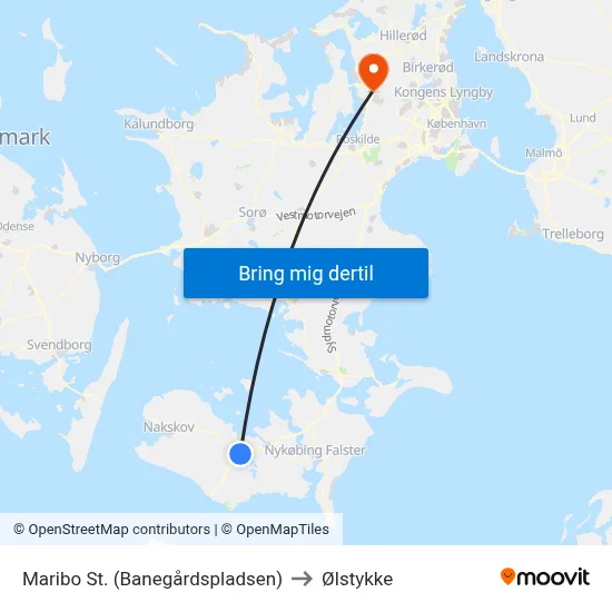 Maribo St. (Banegårdspladsen) to Ølstykke map