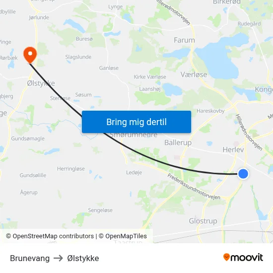Brunevang to Ølstykke map