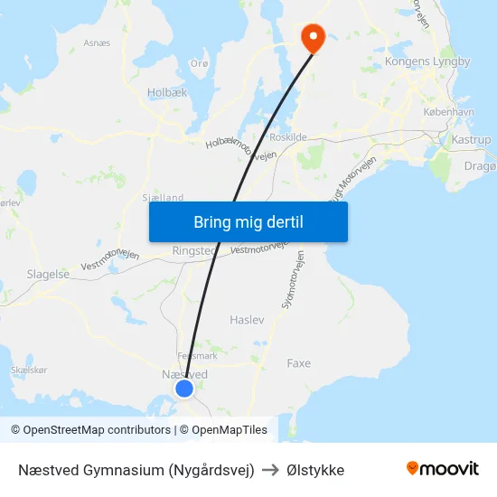 Næstved Gymnasium (Nygårdsvej) to Ølstykke map