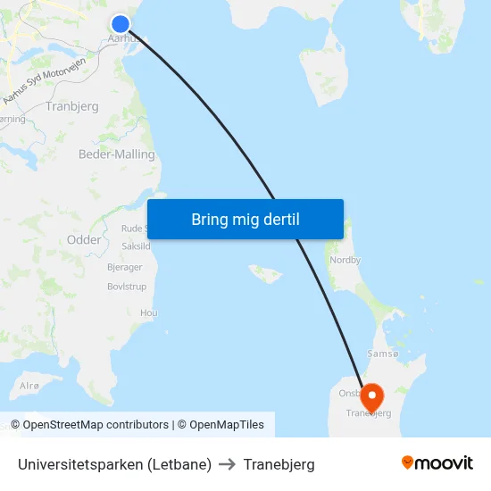 Universitetsparken (Letbane) to Tranebjerg map
