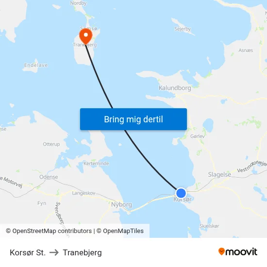 Korsør St. to Tranebjerg map