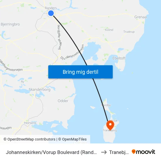 Johanneskirken/Vorup Boulevard (Randers Kom) to Tranebjerg map