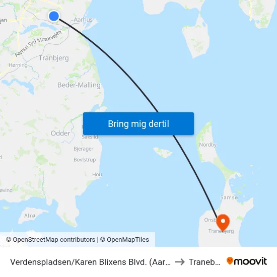 Verdenspladsen/Karen Blixens Blvd. (Aarhus Kom) to Tranebjerg map