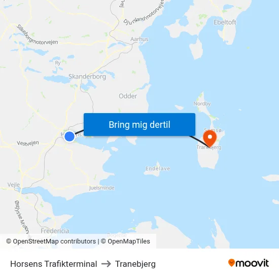 Horsens Trafikterminal to Tranebjerg map