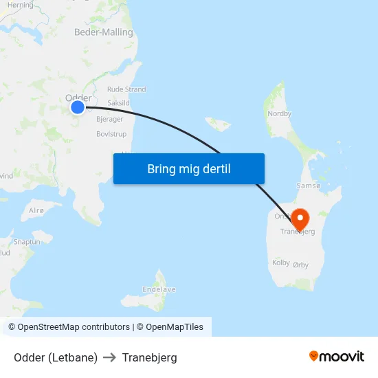 Odder (Letbane) to Tranebjerg map