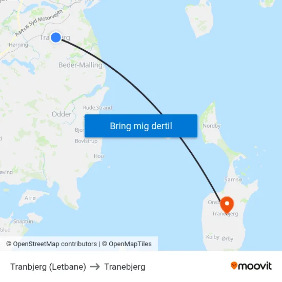 Tranbjerg (Letbane) to Tranebjerg map