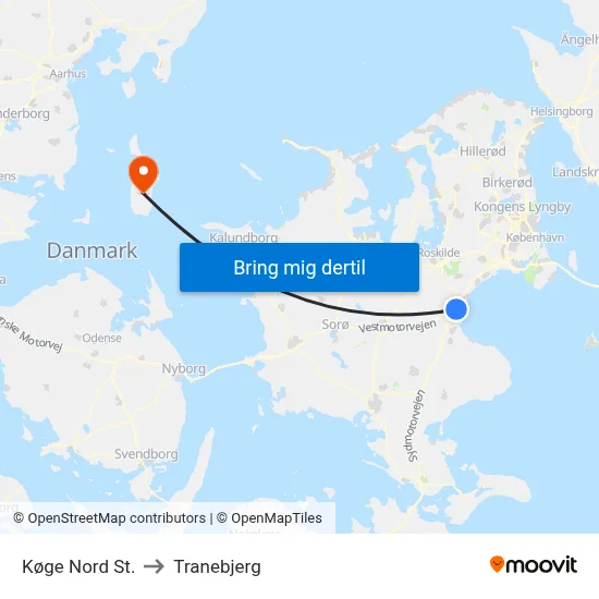 Køge Nord St. to Tranebjerg map