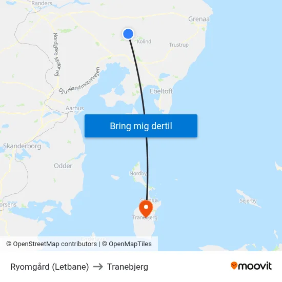 Ryomgård (Letbane) to Tranebjerg map