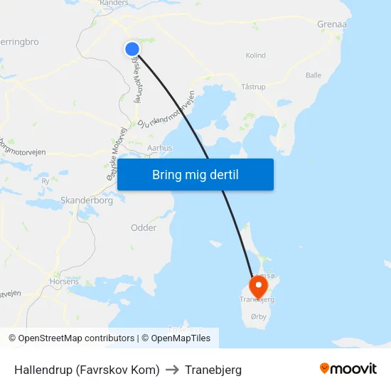 Hallendrup (Favrskov Kom) to Tranebjerg map
