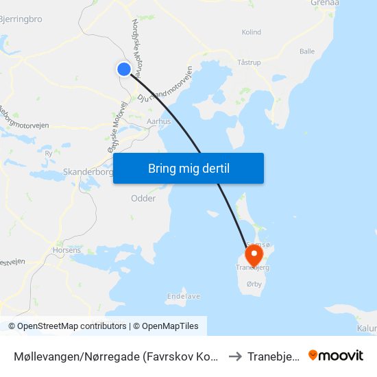 Møllevangen/Nørregade (Favrskov Kom) to Tranebjerg map