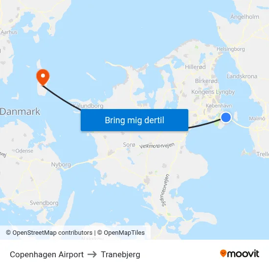 Copenhagen Airport to Tranebjerg map