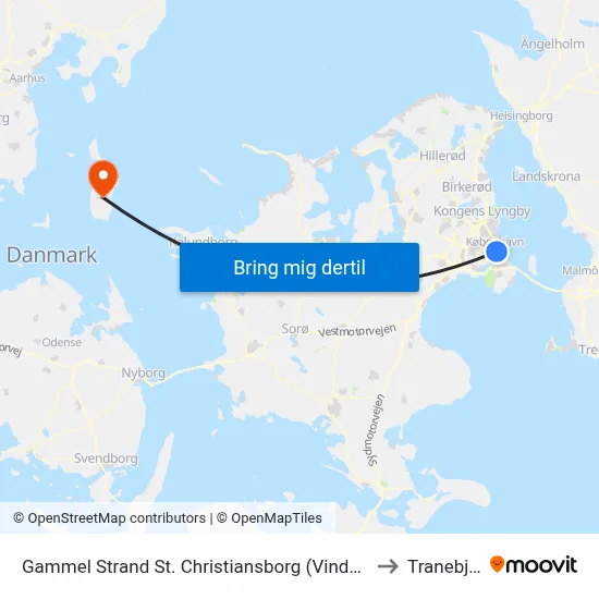 Gammel Strand St. Christiansborg (Vindebrogade) to Tranebjerg map