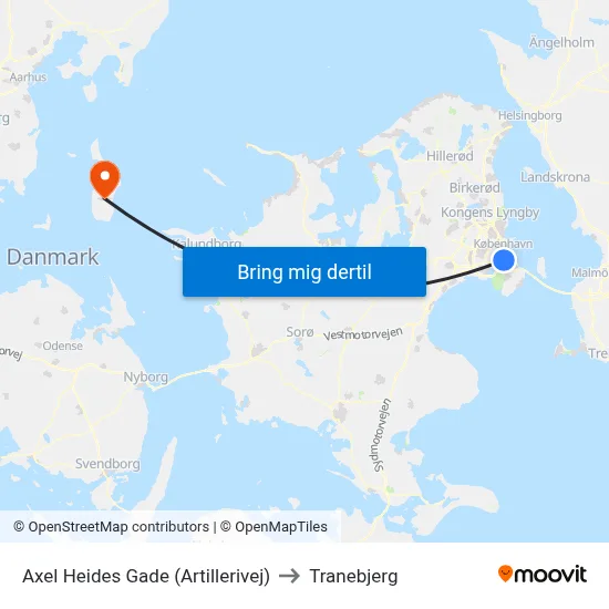 Axel Heides Gade (Artillerivej) to Tranebjerg map